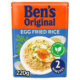 Bens Original - Egg Fried Rice - 220g comes in a handy pack with an image of rice and egg on the front, and is microwave-ready in just 2 minutes—ideal for quick, tasty meals.